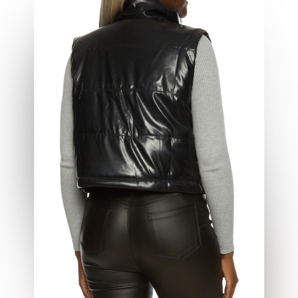 Solid Black Faux Patent Leather Puffer Vest - Picture 2 of 2